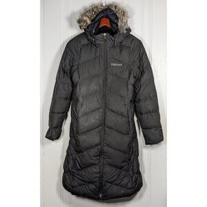 Marmot Faux Fur Hooded Long Duck Down Varma Coat Women's Small Black 700 Fill